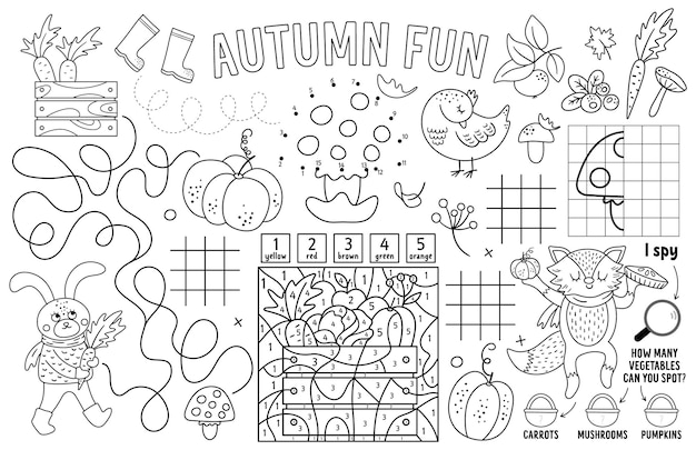 Vector autumn placemat for kids Fall printable activity mat with maze, coloring page