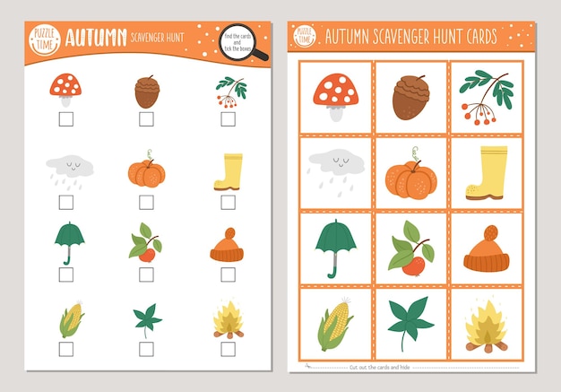 Vector Autumn scavenger hunt cards set Seek and find game with cute pumpkin mushroom umbrella for kids Fall seasonal searching activity Simple educational printable worksheetxA