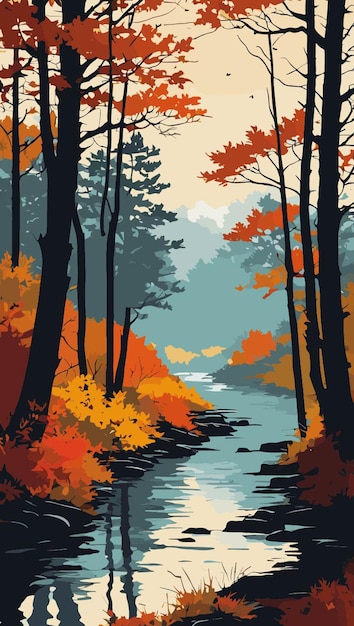 Vector of an autumn scene in a river