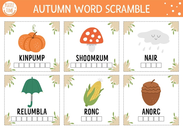 Vector Autumn word scramble activity cards English language game with cute pumpkin mushroom umbrella for kids Fall season family quiz Simple educational printable worksheet setxA