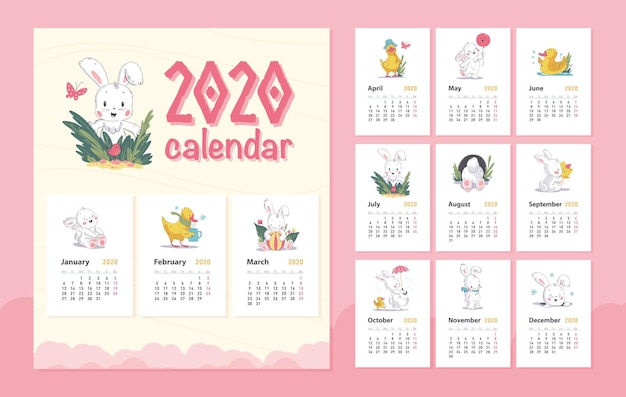 Vector baby calendar design template with cute white bunny character Hand drawn style pastel color