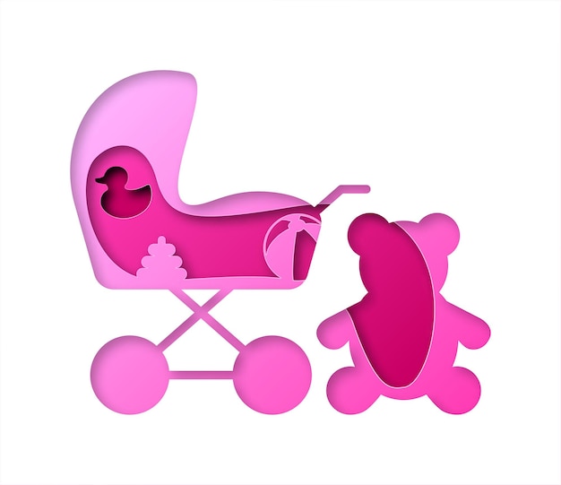 Vector baby carriage in paper art style. Digital art