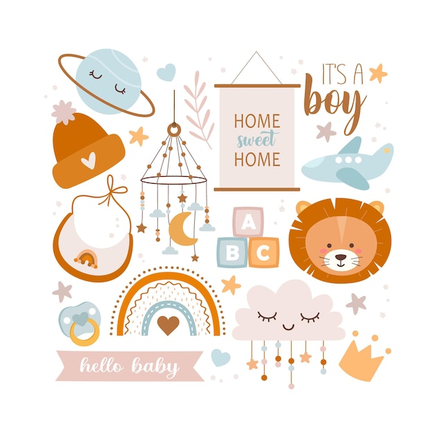 Vector baby collection in boho style for nursery decoration