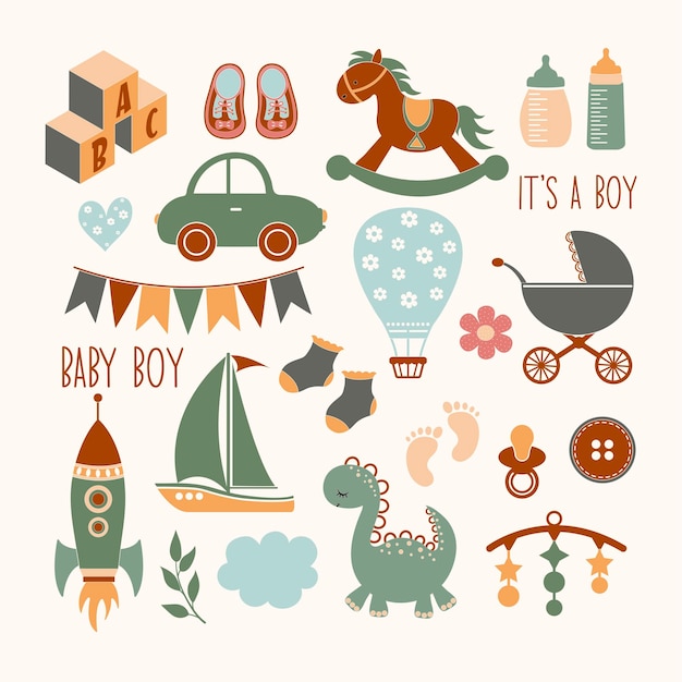 Vector baby collection Vector set with space rocket bottle dinosaur toy rocking horse