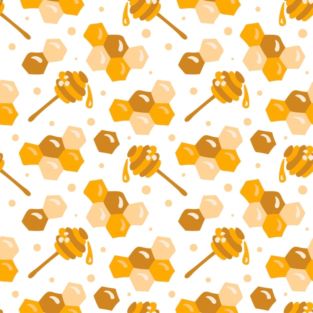 Vector baby scandinavian kid seamless honey pattern. Honeycomb, honey dipper symbol, hexagon in flat vector style