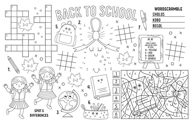 Vector back to school placemat for kids Fall printable activity mat with maze, coloring page