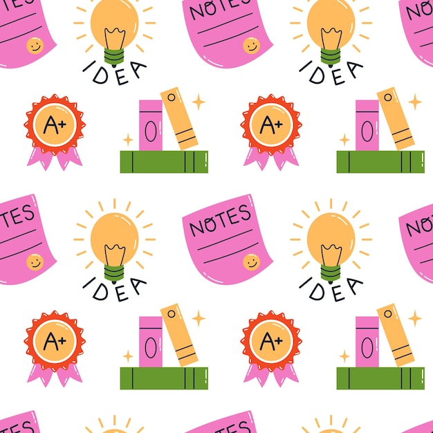 Vector back to school seamless pattern Cute background with light bulb notes paper books and medal Motivation to study and education pattern Concept of successful study at school or university