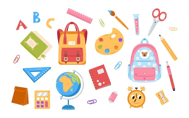 Vector back to school set Cute collection of school supplies for children Colorful flat design Backpack globe alarm calculator paints pencil