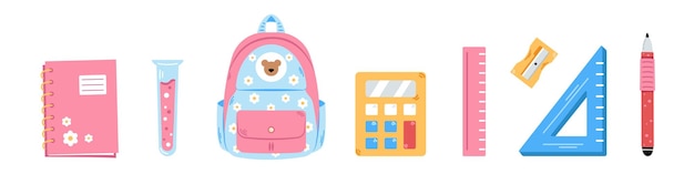 Vector back to school set Cute pink collection of school supplies for children Colorful flat design Backpack calculator pen ruler sharpener notebook and test tub