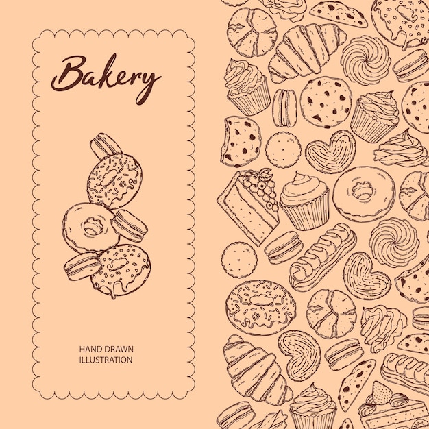 Vector vector backery and confectionery template hand drawn donuts cupcakes macarons croissant cookies and other sweets