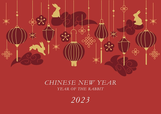 Vector background or card for Chinese new year with illustration rabbits and paper lanterns and decoration