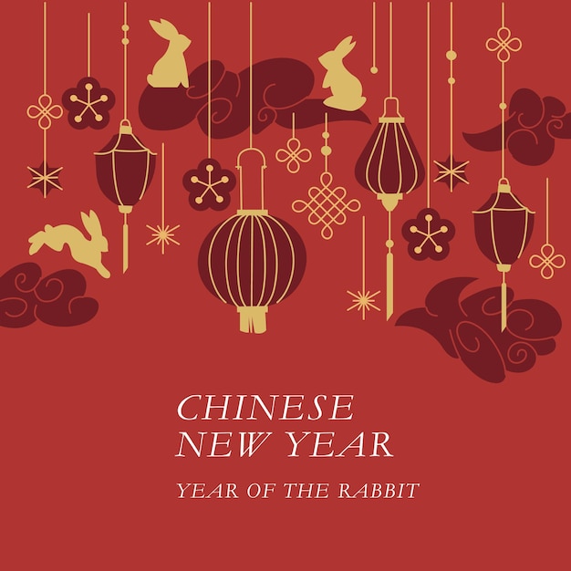 Vector background or card for Chinese new year with illustration rabbits and paper lanterns and decoration