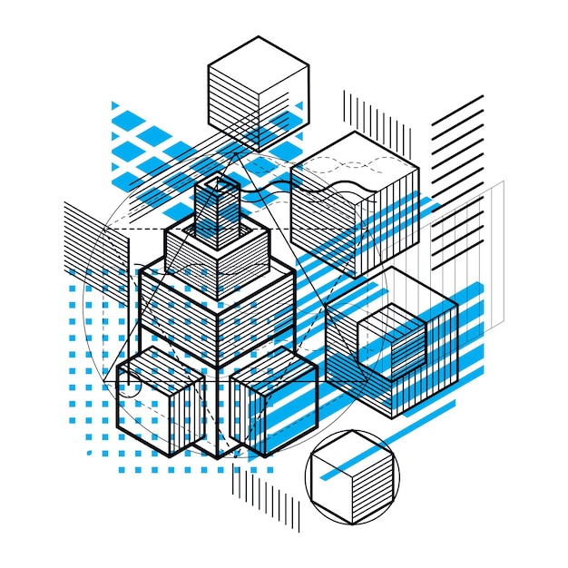 Vector background with abstract isometric lines and figures. Template made with cubes, hexagons, squares, rectangles and different abstract elements.