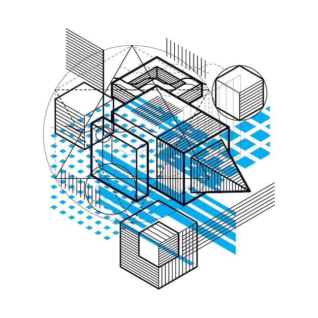 Vector background with abstract isometric lines and figures. Template made with cubes, hexagons, squares, rectangles and different abstract elements.