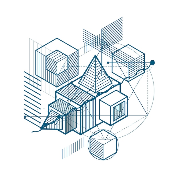 Vector background with abstract isometric lines and figures. Template made with cubes, hexagons, squares, rectangles and different abstract elements.