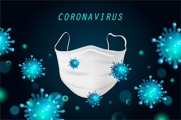 Vector background with coronavirus and medical mask. Concept of protection.