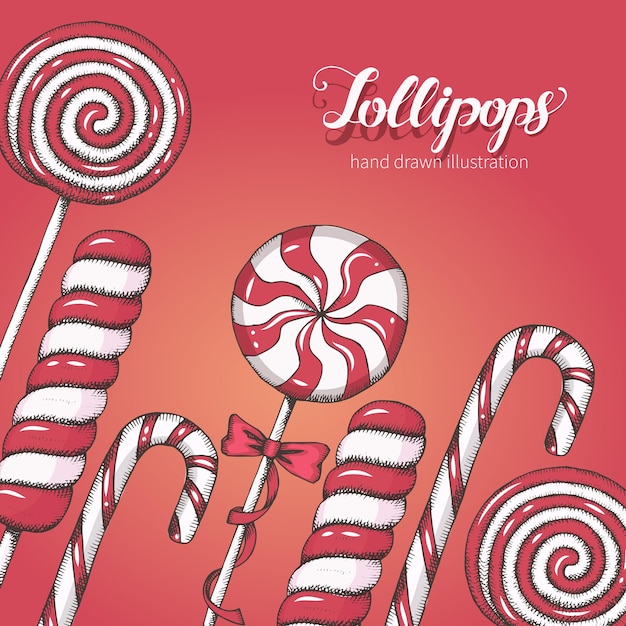 Vector background with hand drawn various candies Set of lollipops for menu advertising and banners Sketch lettering