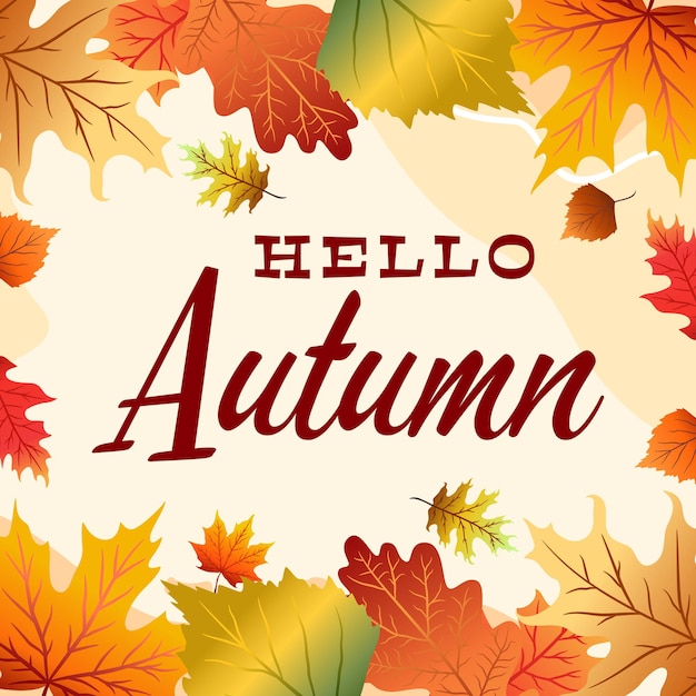 Vector background with hand lettering Hello autumn and leaves isolated on white background.