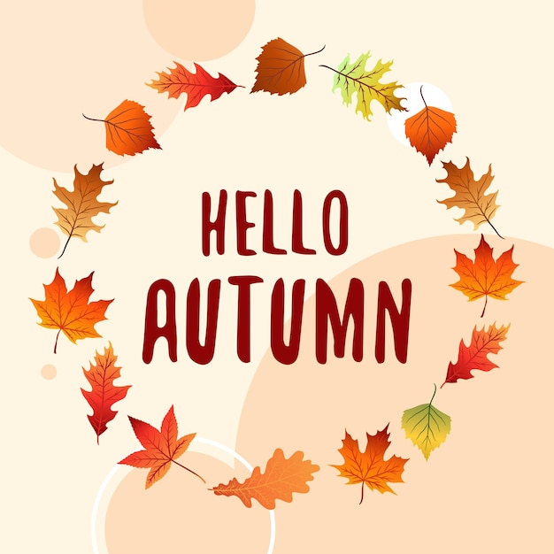 Vector background with hand lettering Hello autumn and leaves isolated on white background.