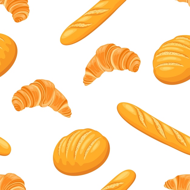 Vector background with wheat bread croissant and french baguette