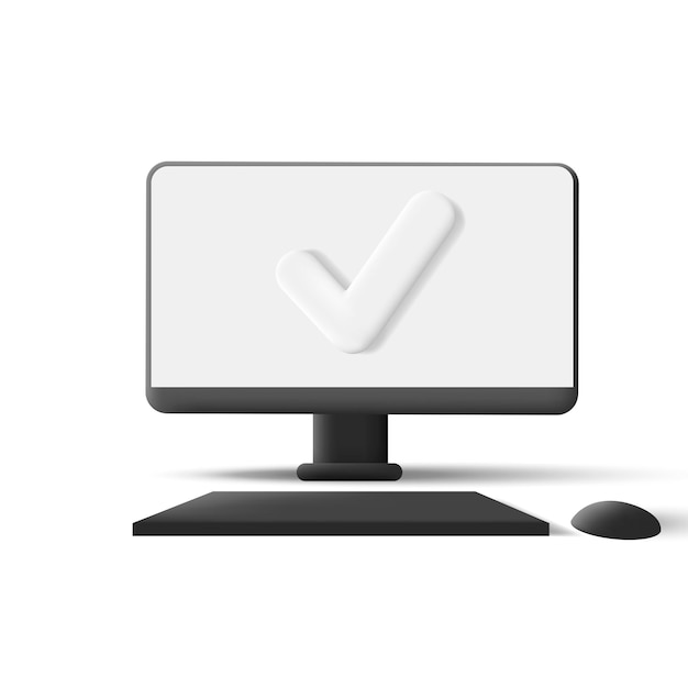 Vector balck monitor with keyboard and computer mouse 3d render illustration with white screen tick