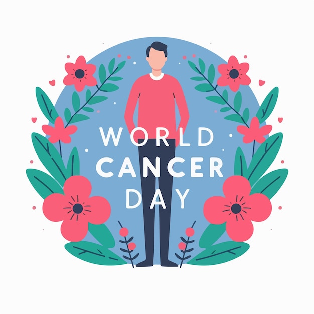 vector of bald guy with world cancer day text in a simple and minimalist flat design style