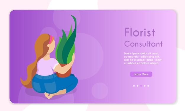 Vector banner illustration of growing flowers. Cartoon vector illustration. Female character.