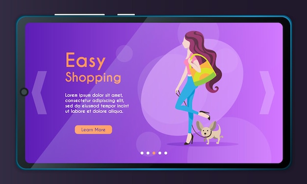 Vector banner illustration of young stylish girl with long hair walking with a dog