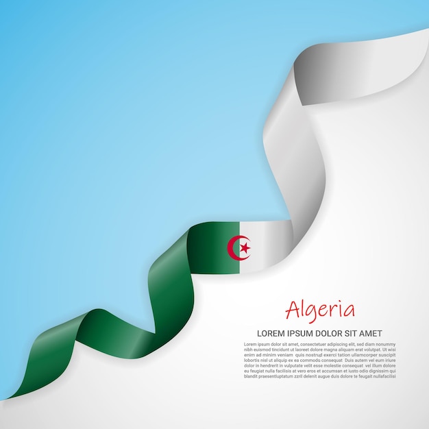 Vector banner in white and blue colors and waving ribbon with flag of Algeria for brochures, logos