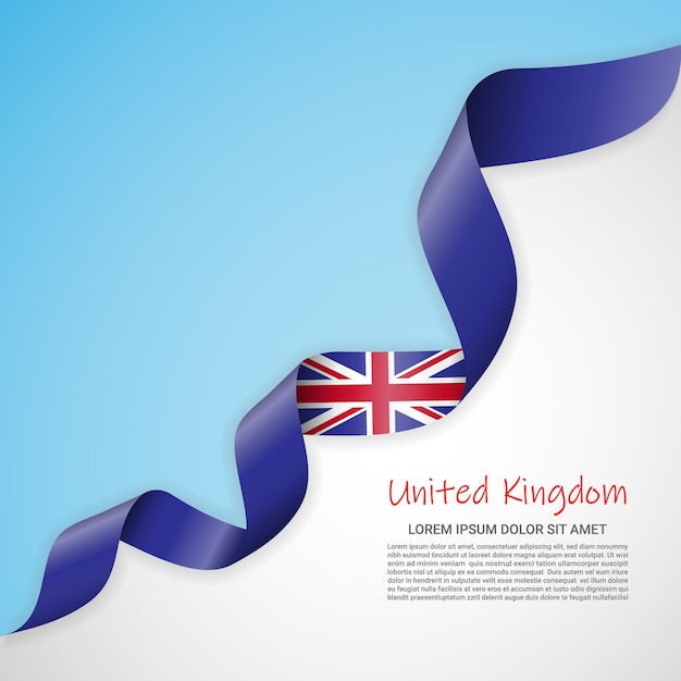 Vector banner in white and blue colors and waving ribbon with flag of United Kingdom for brochures