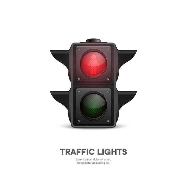 Vector Banner with 3d Realistic Detailed Road Traffic Lights Isolated on White Background Safety Rules Concept Design Templete Stoplight Traffic Lights Template