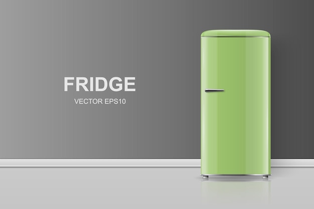 Vector Banner with 3d Realistic Green Retro Vintage Fridge Isolated Vertical Simple Refrigerator Closed Fridge Design Template Mockup of Fridge Front View