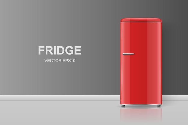 Vector Banner with 3d Realistic Red Retro Vintage Fridge Isolated Vertical Simple Refrigerator Closed Fridge Design Template Mockup of Fridge Front View