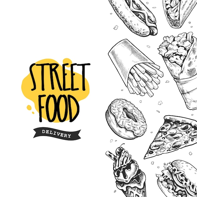 Vector banner with hand drawn street food. Black and white engraving style illustrations.