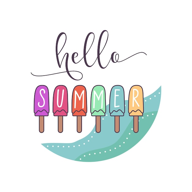 Vector banner with multicolored ice cream bars with Hello Summer lettering