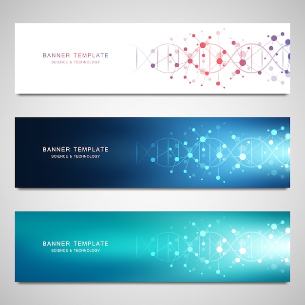 Vector banners and headers for site with DNA strand and molecular structure. Genetic engineering or laboratory research.