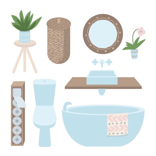 Vector bathroom interior objects set Bathroom furniture and plumbing Vector toilet elements set