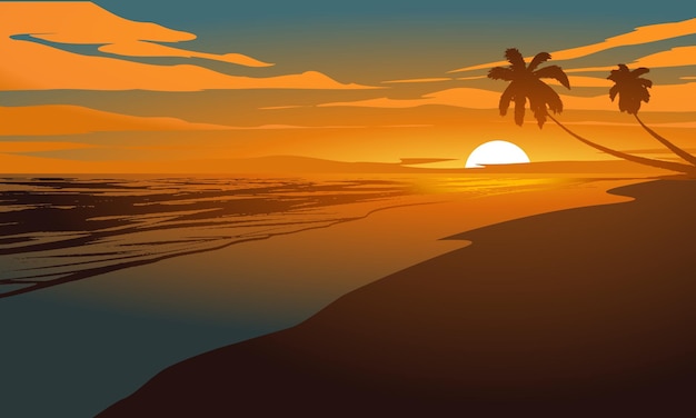 Vector beach landscape illustration Tropical sunset scenery