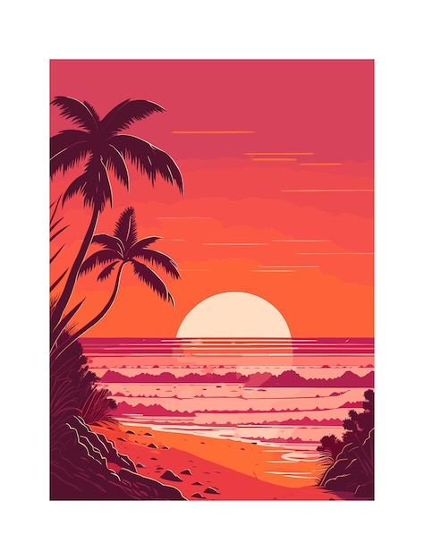 Vector beach retro illustration and tropical background