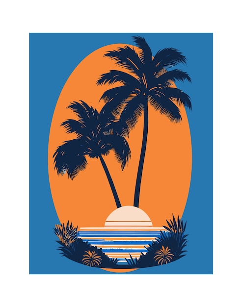 Vector beach retro illustration and tropical background