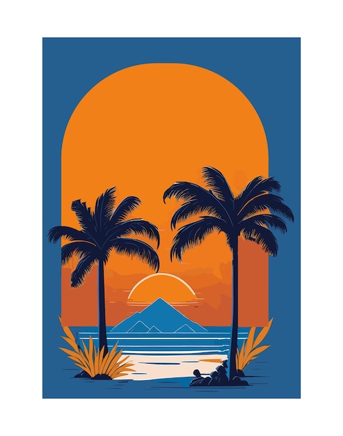 Vector beach retro illustration and tropical background