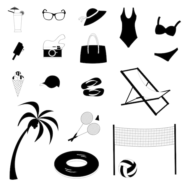 Vector beach summer set Black silhouette