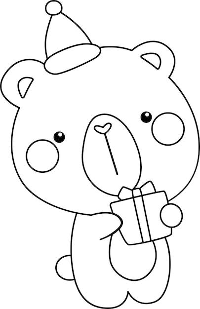 a vector of a bear holding a Christmas present in black and white colouring