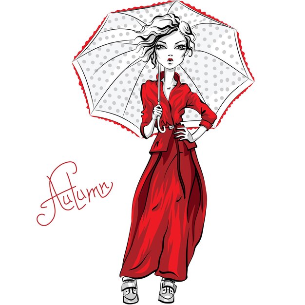 Vector vector beautiful fashion girl in autumn clothes red jacket and skirt with umbrella