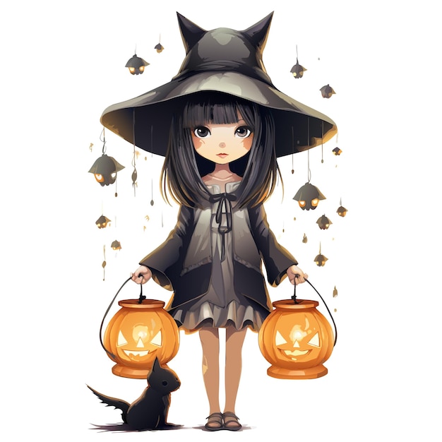 vector beautiful girl with pumpkins creepy witch with jack o lanterns a girl with hat vector illustration on white background