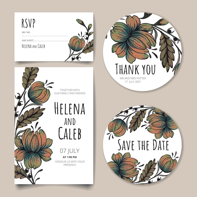 Vector beautiful hand drawn vintage floral wedding invitation card