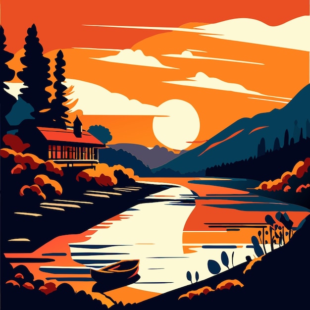 vector beautiful river sunset landscape with an empty boat in the river vector illustration doodle