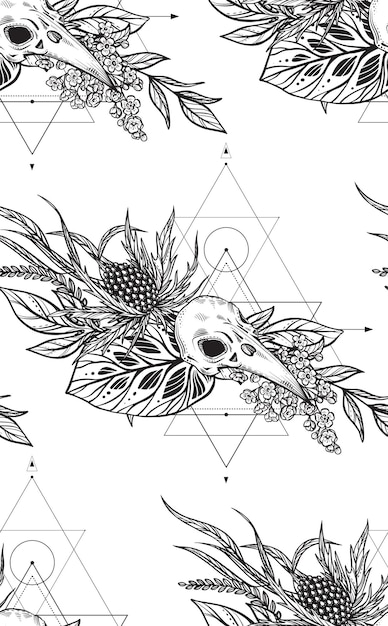 Vector beautiful seamless pattern Endless background with hand drawn bird skulls