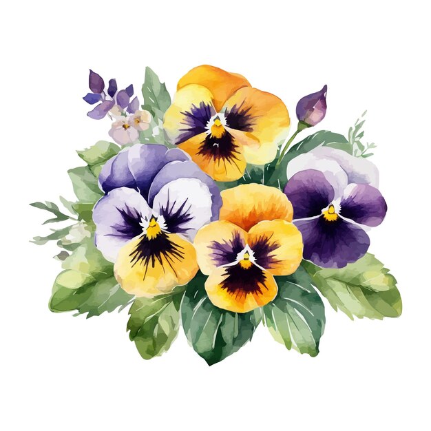 Vector vector beautiful watercolor bouquet with pink purple and violet pansy