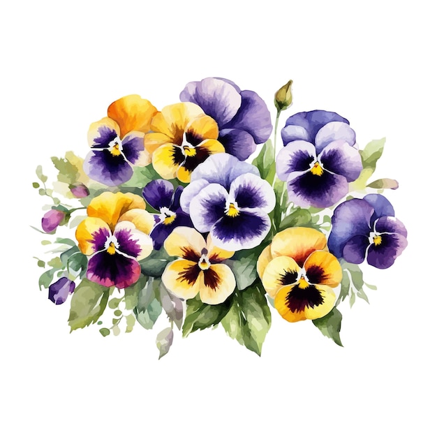 Vector vector beautiful watercolor bouquet with pink purple and violet pansy